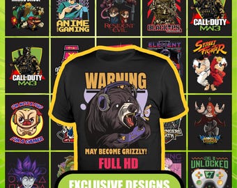 May include: A collage of various designs for t-shirts featuring popular video game characters and themes. The designs include characters from Call of Duty, Resident Evil, Street Fighter, and more. The text "WARNING MAY BECOME GRIZZLY! FULL HD EXCLUSIVE DESIGNS FOR DTF/DTG IN PNG" is displayed at the bottom of the collage.