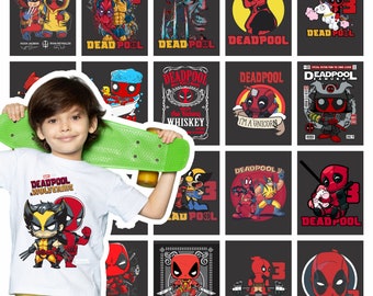 May include: A collage of 16 different designs featuring the Marvel Comics character Deadpool. Each design features a different illustration of Deadpool in various poses and settings. The designs are printed on a variety of backgrounds, including black, white, and red. The designs are all in a cartoon style.