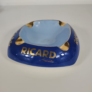 Vintage Ricard Anisette Werbeaschenbecher aus Keramik, Porzellan, Hellblau, Dunkelblau, Goldbarren-Aschenbecher, Sammlerstück, Geschenk um 1970/80