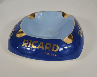 Vintage Ricard Anisette Publicité Cendrier Céramique Porcelaine Bleu Clair Bleu Foncé Or Bar Cendrier Cadeau de Collection Circa 1970/80