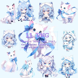 Fille chat bleu kawaii, Jolie fille anime Chibi et art chat, Stickers