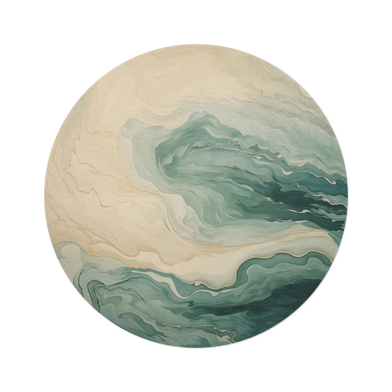 Beige and Mint Green Geometric Round Rug, Minimalist Scandinavian