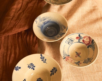 Handmade Ceramic Chiet Yeu Bowl: Hand-Painted Leaf Design