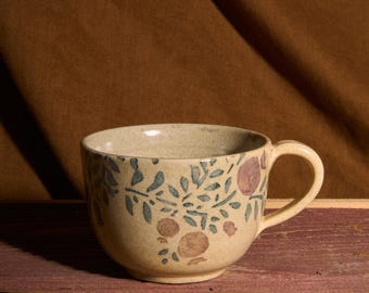 Handmade Pottery Coffee Cup: Pomegranate Print Ceramic Mug