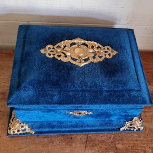 Antique Victorian jewelry box, with beveled mirror, blue velvet, French flea market