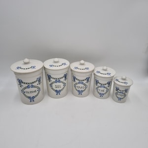 Ancien Service à Épices En Céramique – 6 Pots Avec Couvercles, Décor Bleuets Rétro
