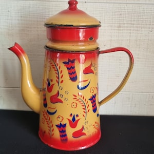 Antique enameled coffee pot, stylized flower decoration, crockery, kitchen, French flea market