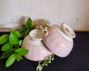 Ensemble de deux bols à café ancien, manufacture Moulin des Loups rose pale, vaisselle française campagne, brocante