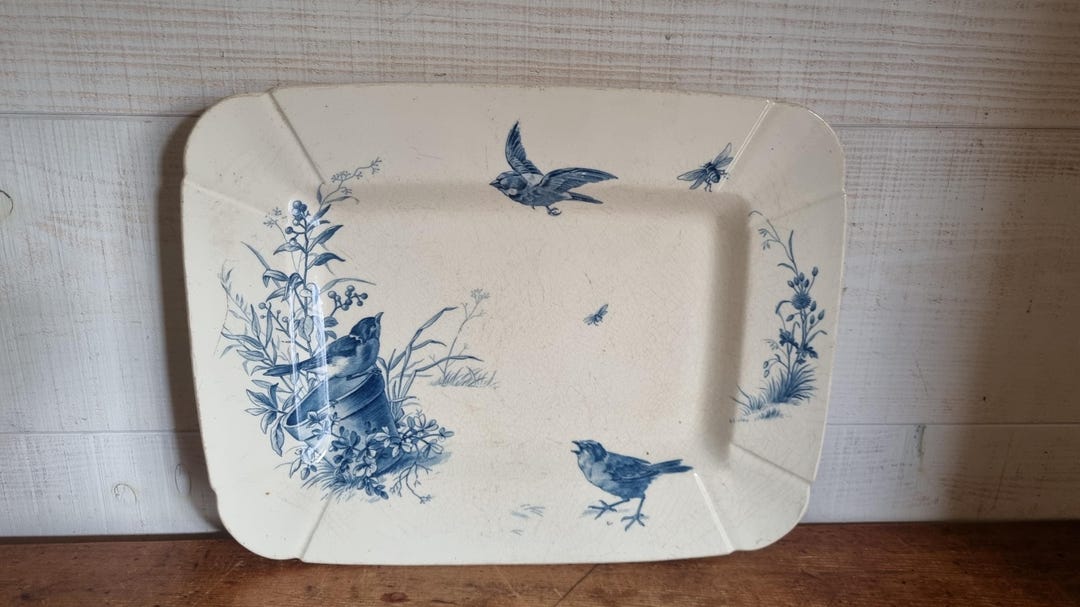 Exceptional Iron Earth Dish, Gien Factory, Bird Model, Antique Blue and ...