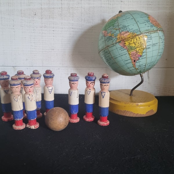 Set of old bowling pins vintage bowling toy representing sailors French flea market