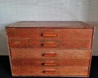 Mueble de mercería antiguo muy raro, taquilla de madera, mobiliario comercial DMC, mercado de pulgas francés