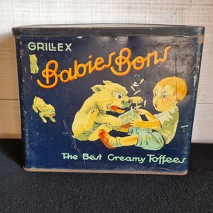 Ancienne boîte publicitaire en tôle lithographiée GRILLEX BABIES BONS 1920's. Tin box avec Bonzo Dog, brocante française, épicerie