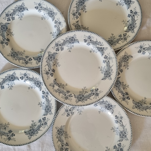 Ensemble de 6 anciennes assiettes plates Terre de fer K G Luneville modele Reaumur, vaisselle française