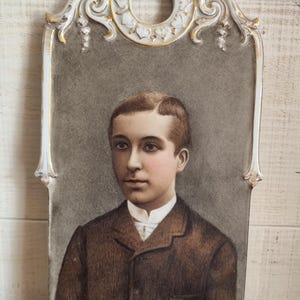 Antique painting on porcelain plaque, dated 1889, portrait of a young man, painting, French flea market