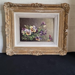 Cuadro antiguo "Naturaleza muerta" óleo sobre tabla de cartón grueso firmado, principios del siglo XX, boicot de pensamientos, pintura de mercado de pulgas francés