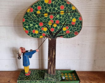 Jeu ancien dit du pommier, jouet d'adresse, en bois brocante francaise