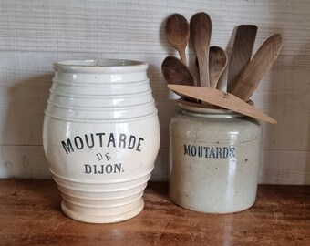 Anciens grands pots d'épicerie française moutarde grès vernissé brocante