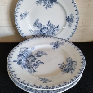Set of 3 antique U&C Sarreguemines Terre de fer mounted plates or dishes, Flore model, French tableware