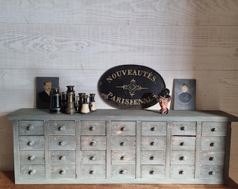 Antique haberdashery or watchmaker&#39;s furniture, cupboard, French flea market workshop