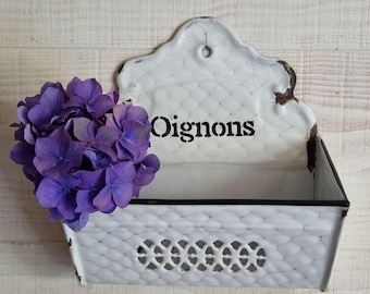 Antique kitchen accessory, enamelled onion holder, vintage storage, French flea market
