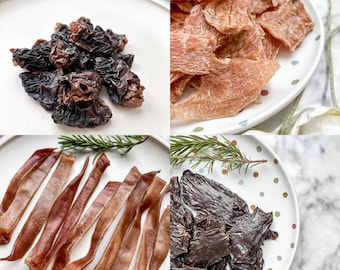 Variety sample box dog treats, Beef liver chips, Dehydrated chicken breast, Dehydrated Pig ear, Chicken heart, Dehydrated treat for dogs