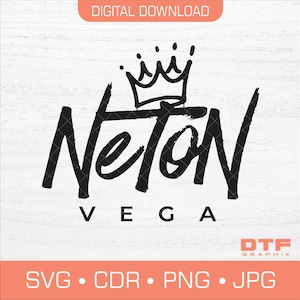 Könnte beinhalten: Schwarz-weiße digitale Download-Grafik mit dem Namen "Neton" in einer stilisierten Schriftart, gekrönt von einer Krone. Das Wort "Vega" steht darunter. Enthält die Dateiformate SVG, CDR, PNG und JPG.