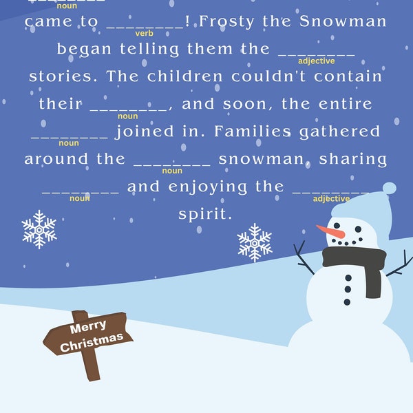 The Talking Snowman Mad Libs, Christmas, Printable, Digital Download