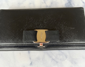 Salvatore Ferragamo Black Saffiano Leather Vara Bow Flap Wallet