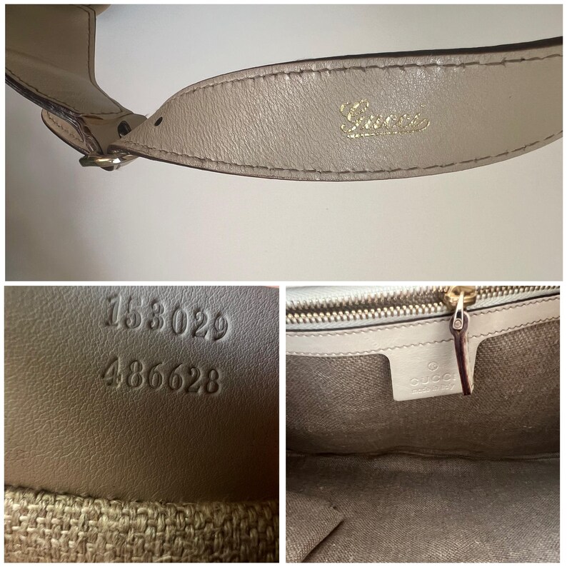 May include: A beige leather Gucci handbag with a zipper closure and a serial number tag that reads "153029 486628".