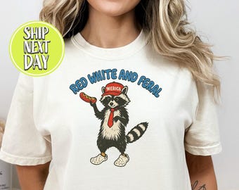 T-shirt rouge blanc et sauvage, chemises raton laveur du 4 juillet, t-shirt raton laveur du 4 juillet, drapeau américain rétro, chemise hot-dog raton laveur -FUN064