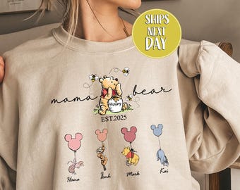 Mama Est. 2025 Sweatshirt, Personalized Mama Bear Winnie The Pooh Shirts, Custom Mama Sweat, Custom Kids Name, Gift Pooh Mama Bear -MD022