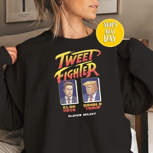 Tweet Fighter Elon Musk vs Donald Trump-sweater, gamestijl meme-shirt, Musk vs Trump-hoodie, Elon vs Trump 2025-sweater -FUN067