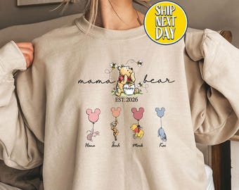 Maman Est. Sweat-shirt 2026, chemises personnalisées maman ours Winnie l'ourson, sweat maman personnalisé, nom d'enfant personnalisé, cadeau maman ourson ourson-MD022