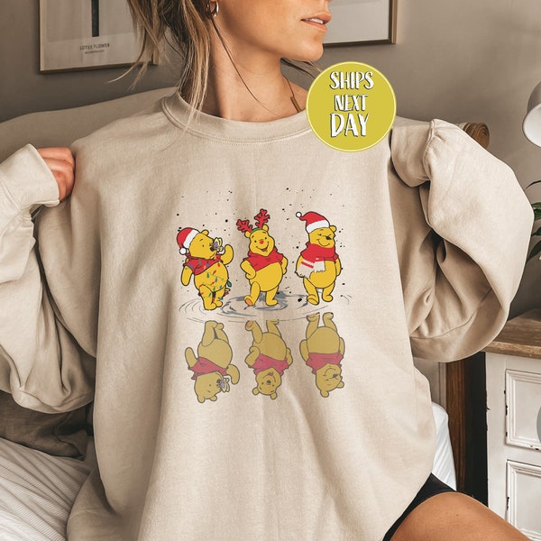 Cute Santa Winnie the Pooh Dancing Christmas Sweater, Very Merry Xmas Party Tee, Vacation Family Gift Tee, Winnie Christmas Sweatshirt -CC17