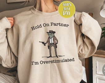 Espera, compañero, estoy sobreestimulado, sudadera con meme divertido de rana vaquera, regalo divertido de rana vaquera occidental, regalos divertidos para amigos, rana -FUN041