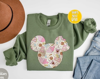 Sudadera familiar con bocadillos de ratón retro, sudadera unisex con bocadillos rosa de WDW, sudadera con bocadillos, suéter con bocadillos de Mickey Minnie -FUN02