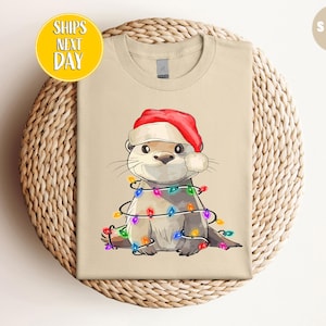 Otters Merry Christmas Santa Hat T-Shirt, Otters Tangled In Lights, Christmas Otter, Funny Christmas Animal Shirt, Otter Holiday Gift -CC157