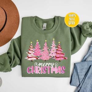 Merry Christmas Pink Christmas Tree, Holiday Sweaters for Women, Winter Sweatshirt, Christmas Tree Sweater, Merry Christmas Pink Tree -CC129