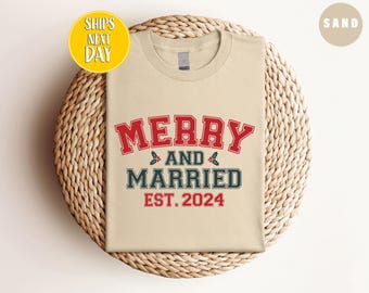 Merry And Married Shirt, Happiest Place On Earth Magic Kingdom Honeymoon Tee, WDW T-Shirts For Couples Matching Christmas Newlywed Tee-CC045