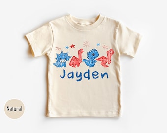 Custom Name 4th Of July Dinosaur Patriotic Toddler Shirt, Custom Baby Name Outfit, Patriotic Baby Shirt, Adorable Red White Blue Gift -PS058