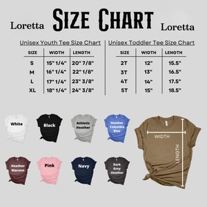 May include: Size chart for unisex youth and toddler t-shirts. The chart shows sizes S, M, L, XL for youth and 2T, 3T, 4T, 5T for toddler. Measurements are in inches. The chart also shows different colour options for the t-shirts.