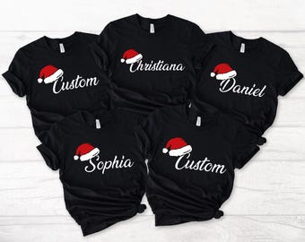 Matching Family Christmas Santa Hat T-Shirt, Custom Name With Santa Hat Shirt, Custom Christmas Tee, Personalized Christmas Gift -CC085