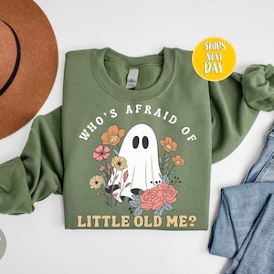 Floral Ghost Sweatshirt, Who&#39;s Afraid Of Little Old Me Shirt, Halloween Cute Ghost Shirt, Halloween Boho, Spooky Flowers, Spooky Sweat-TC066