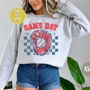 Bluza baseballowa Checkered Game Day, koszulka na sezon baseballowy, bluza sportowa retro, bluza z kapturem dla miłośników baseballu, koszulka Game Day dla kobiet -SF012