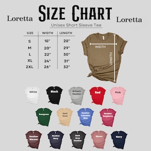 May include: Size chart for a unisex short sleeve tee with measurements in inches. The chart shows the width and length of the tee in sizes S, M, L, XL, and 2XL. The chart is surrounded by a variety of colour swatches for the tee, including white, black, athletic heather, red, pink, evergreen, sand dune, heather columbia blue, heather raspberry, heather maroon, heather navy, dark grey heather, mauve, and navy.