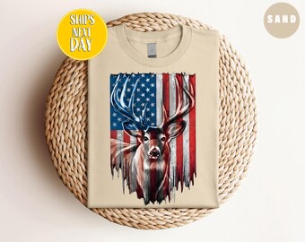 Deer Hunting American Flag T-Shirt, 4th Of July Patriotic Shirt, USA Patriotic Tee, Distressed American Flag, Country Hunter Shirts  -PS062
