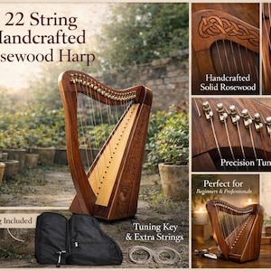 May include: A handcrafted 22-string rosewood harp with nylon strings, precision tuning levers, and a free carry bag. The harp has a detailed wood grain and is suitable for beginners and professionals. The image also includes the text "Beautiful Gift for Music Lovers."