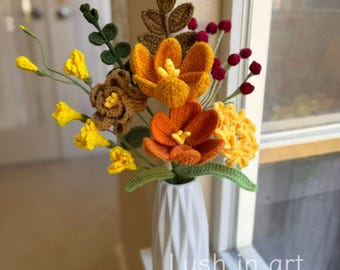 Crochet Flower Bouquet: Handmade Fall color Yarn Flower Arrangement, Knitted flower, Home decor, Gift for Birthday, Christmas, Anniversary
