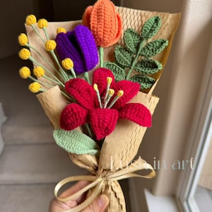 Gehaakt bloemenboeket handgemaakt, lelie, zonnebloem, uniek cadeau voor moeder, cadeau voor haar, verjaardag, moeder, vriendin, oma, eindproduct