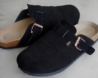 Handmade Clogs, Suede Closed Toe Sandals, Black and Cork Mules- Handmade- Fast Shipping!